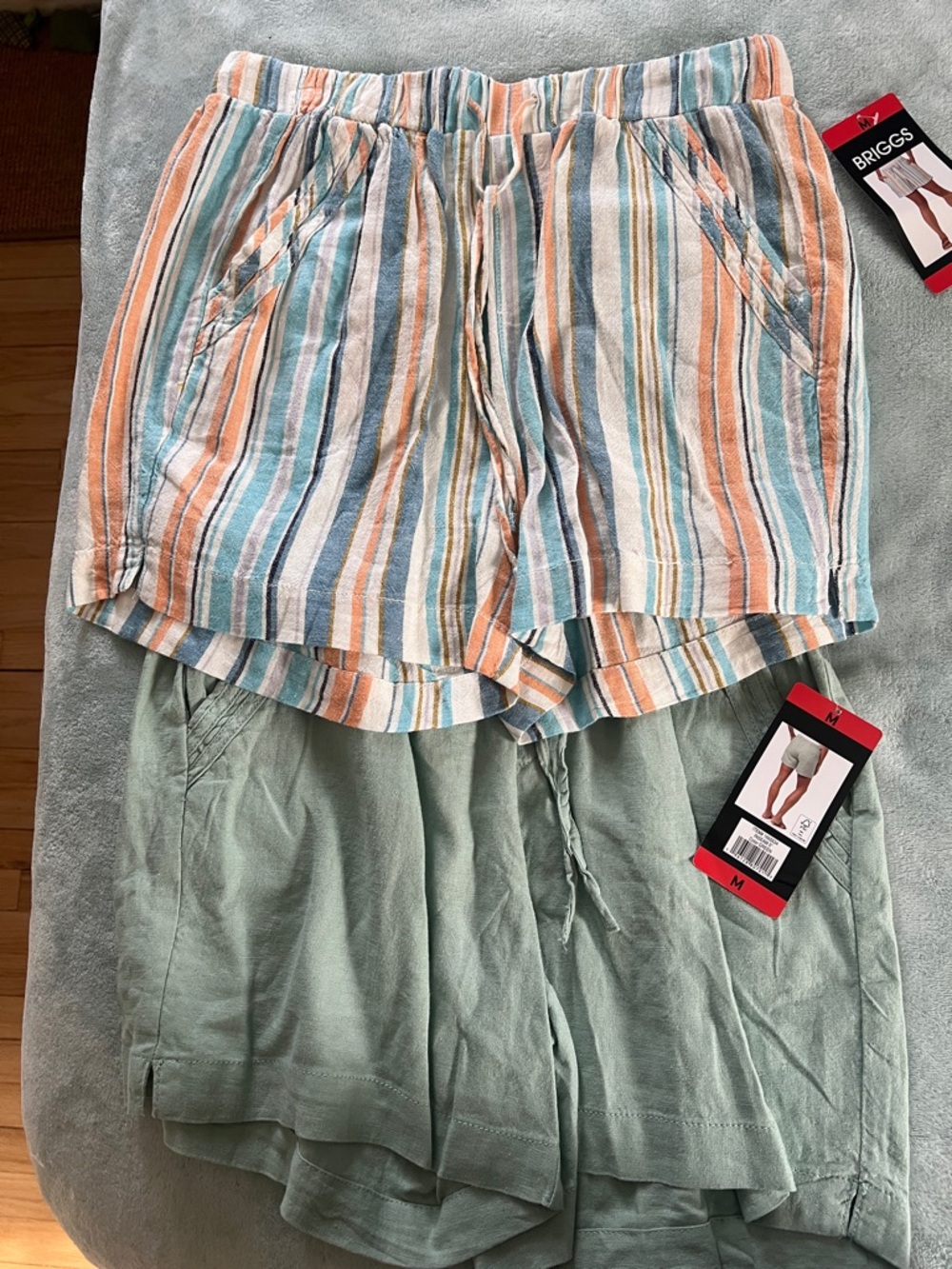 2 women’s Striped Drawstring Shorts - Pastel Blue, Peach & White